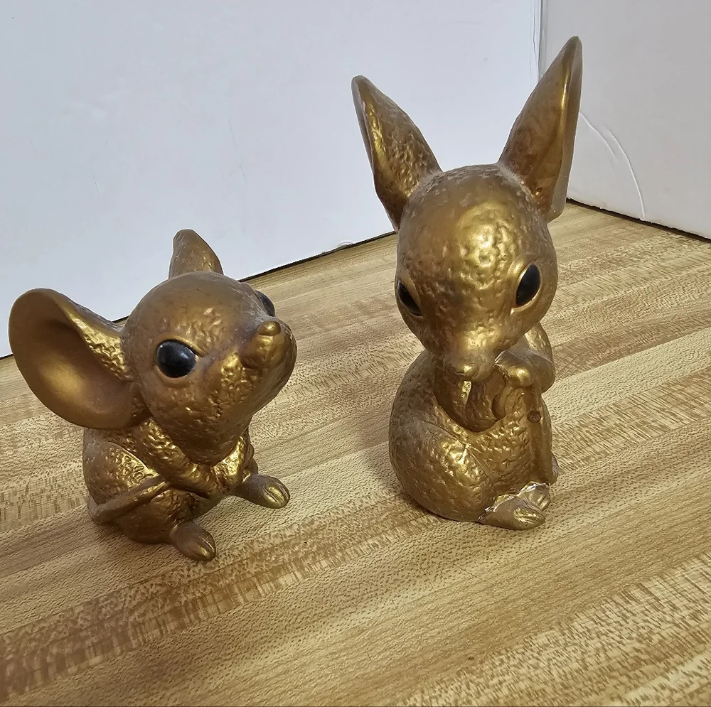 Vintage Gold Painted Ceramic Mouse Mice Figurine Pair Norcrest Style MCM Decor